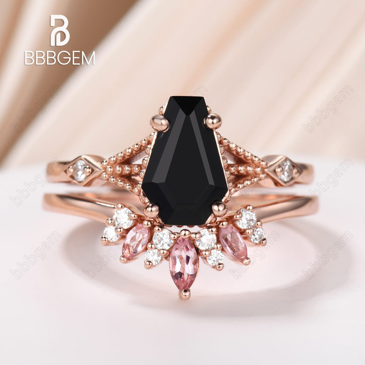 Coffin Shaped Black Onyx Rose Gold Tourmaline Engagement Ring Set-Unique Split Shank Coffin Cut Wedding Ring Set For Women In Sterling Silver