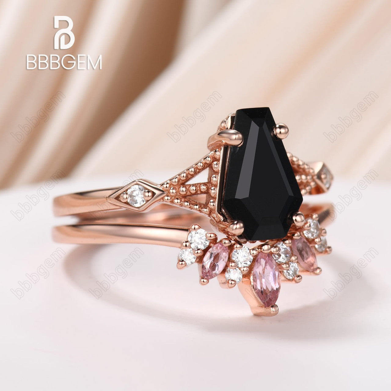 Coffin Shaped Black Onyx Rose Gold Tourmaline Engagement Ring Set-Unique Split Shank Coffin Cut Wedding Ring Set For Women In Sterling Silver