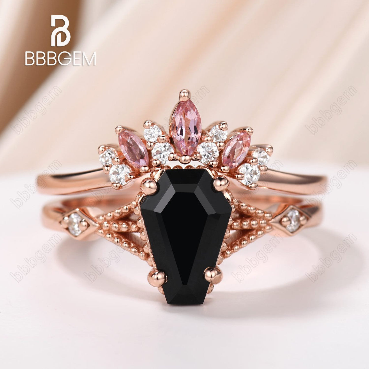 Coffin Shaped Black Onyx Rose Gold Tourmaline Engagement Ring Set-Unique Split Shank Coffin Cut Wedding Ring Set For Women In Sterling Silver