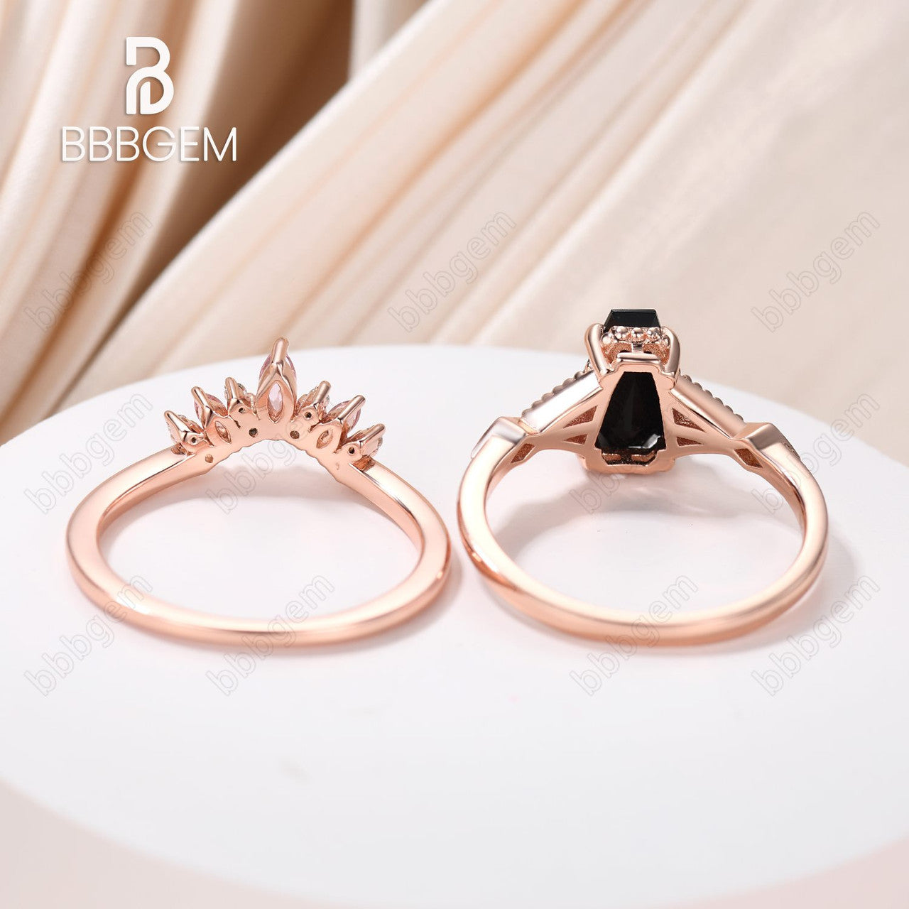 Coffin Shaped Black Onyx Rose Gold Tourmaline Engagement Ring Set-Unique Split Shank Coffin Cut Wedding Ring Set For Women In Sterling Silver