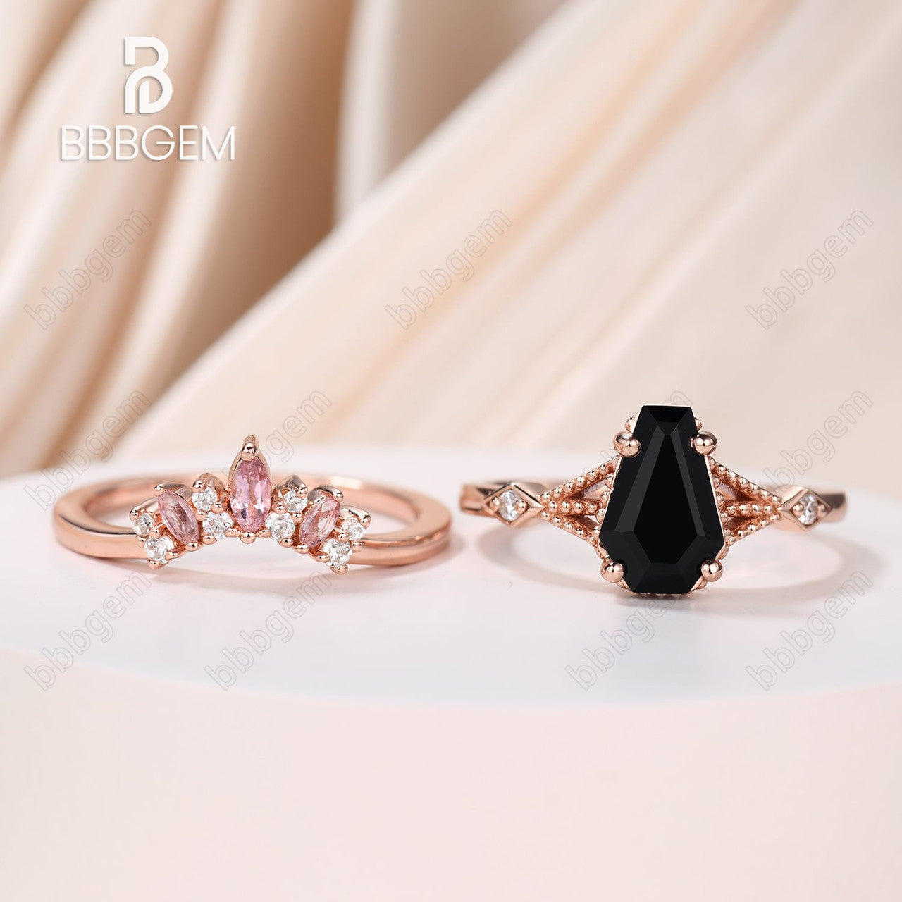 Coffin Shaped Black Onyx Rose Gold Tourmaline Engagement Ring Set-Unique Split Shank Coffin Cut Wedding Ring Set For Women In Sterling Silver