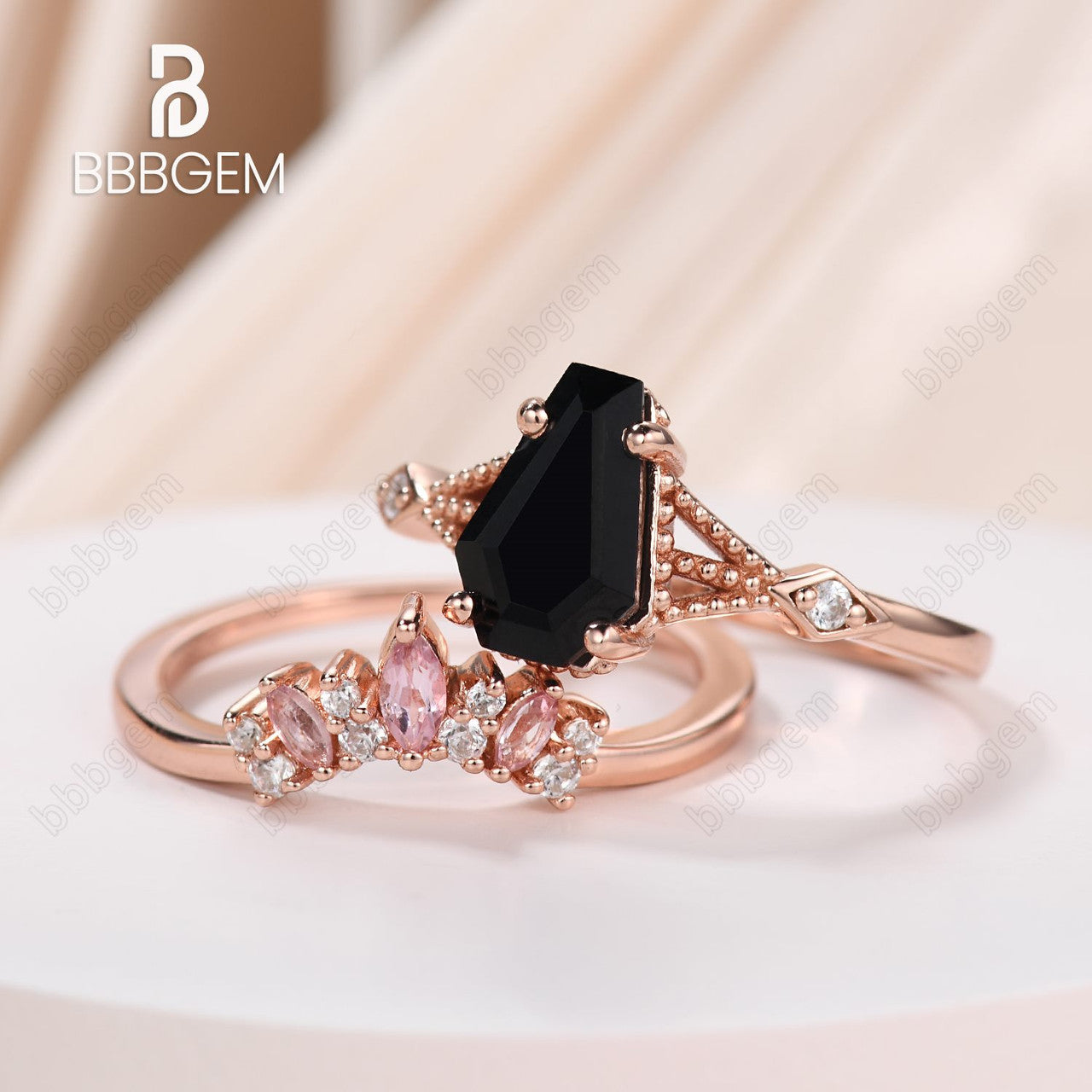 Coffin Shaped Black Onyx Rose Gold Tourmaline Engagement Ring Set-Unique Split Shank Coffin Cut Wedding Ring Set For Women In Sterling Silver