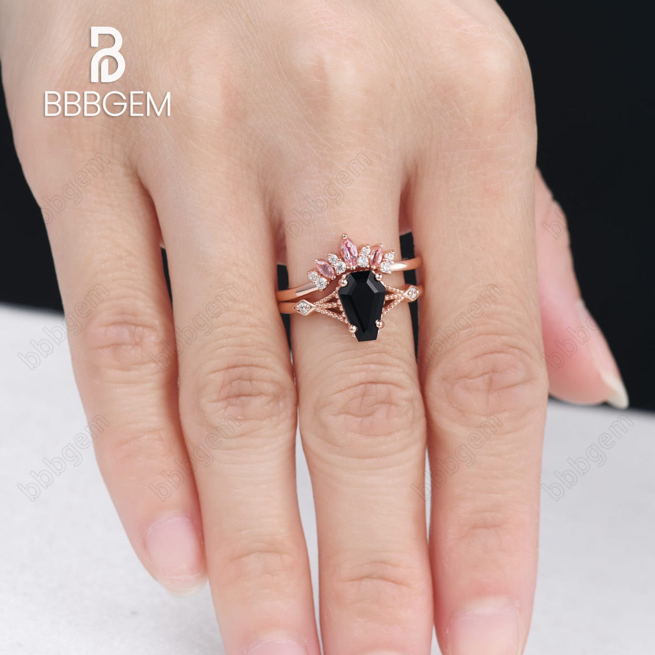 Coffin Shaped Black Onyx Rose Gold Tourmaline Engagement Ring Set-Unique Split Shank Coffin Cut Wedding Ring Set For Women In Sterling Silver