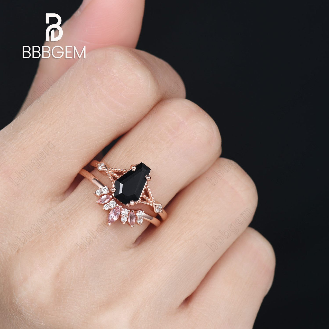 Coffin Shaped Black Onyx Rose Gold Tourmaline Engagement Ring Set-Unique Split Shank Coffin Cut Wedding Ring Set For Women In Sterling Silver