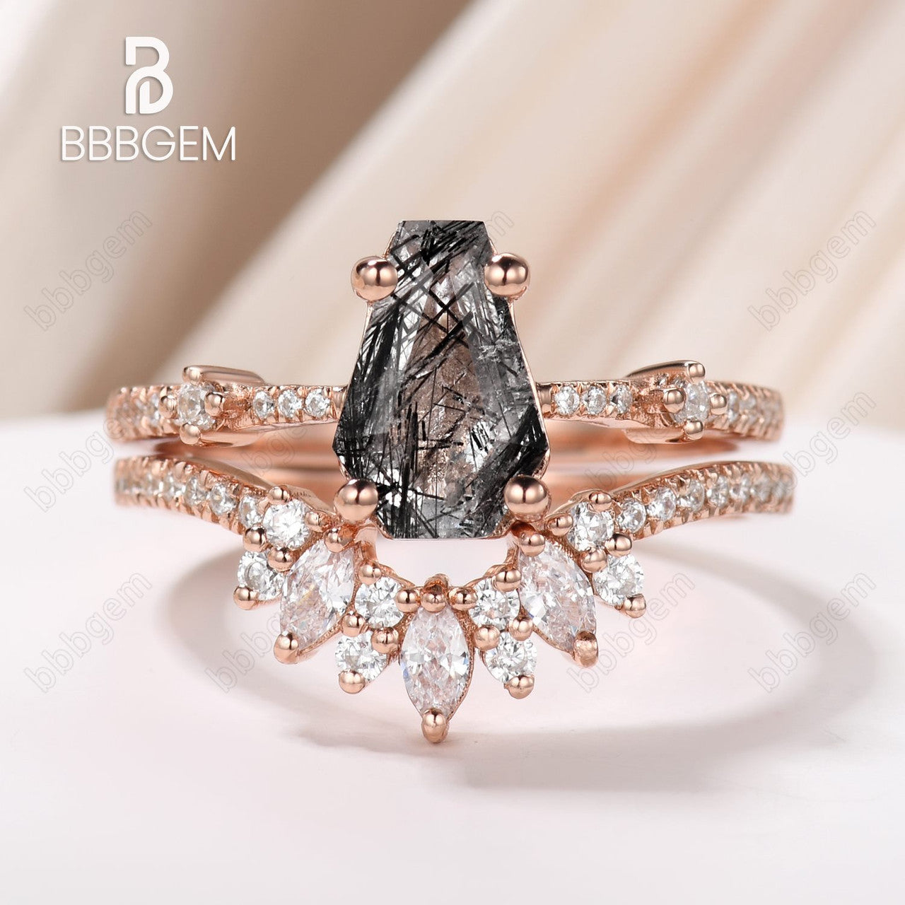 Vintage Natural Black Rutilated Quartz Coffin Ring Set BBBGEM