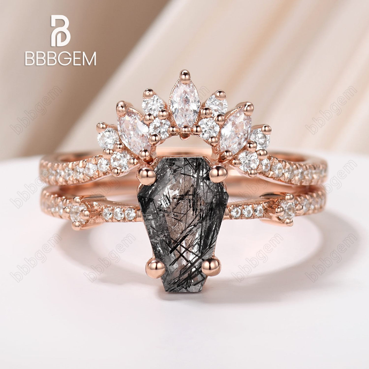 Dark Night Black Coffin Cut Wedding Ring Set Natural Rutilated Quartz Promise Bridal Set