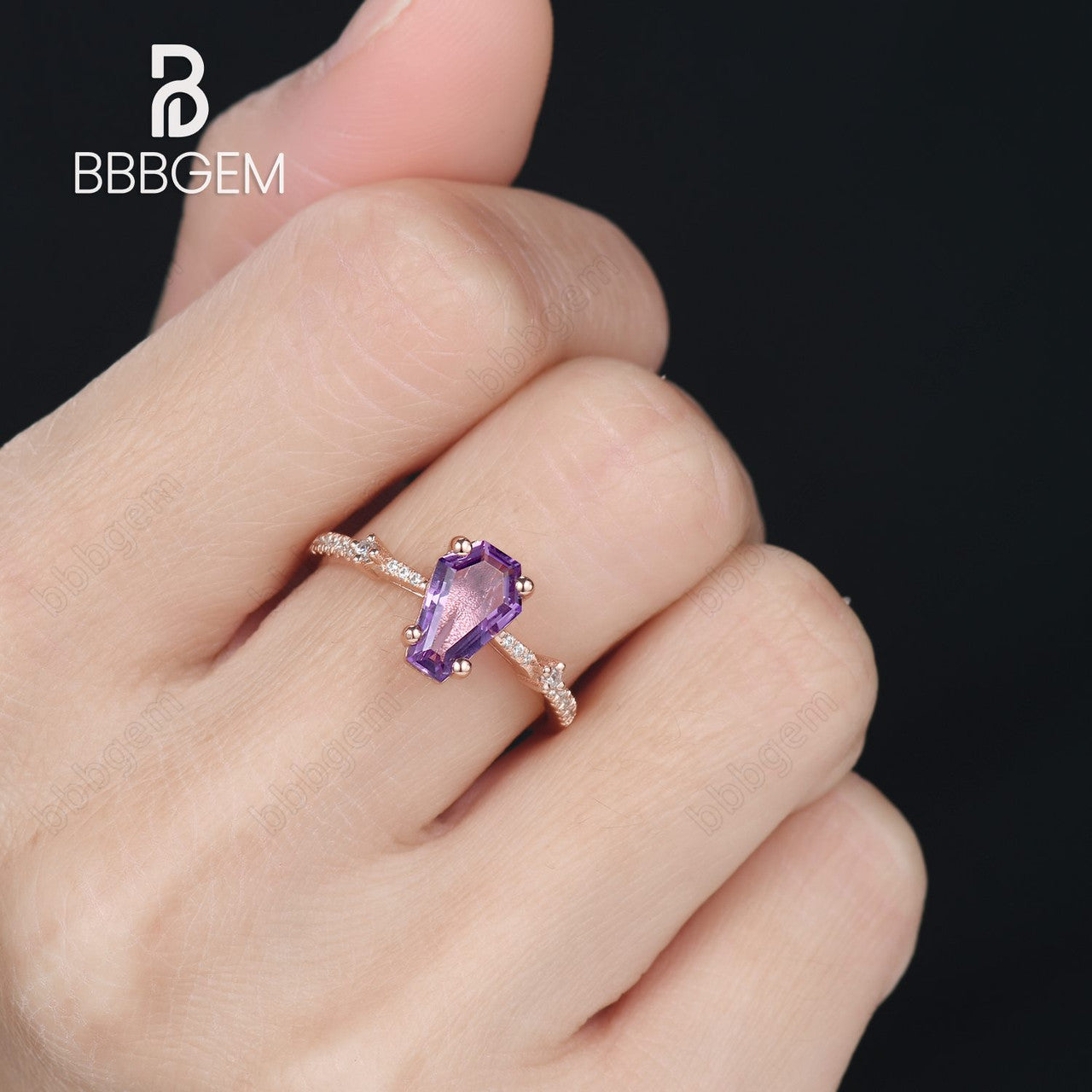 Coffin shaped Amethyst Engagement ring Vintage rose gold Unique crystal Anniversary ring Marriage ring