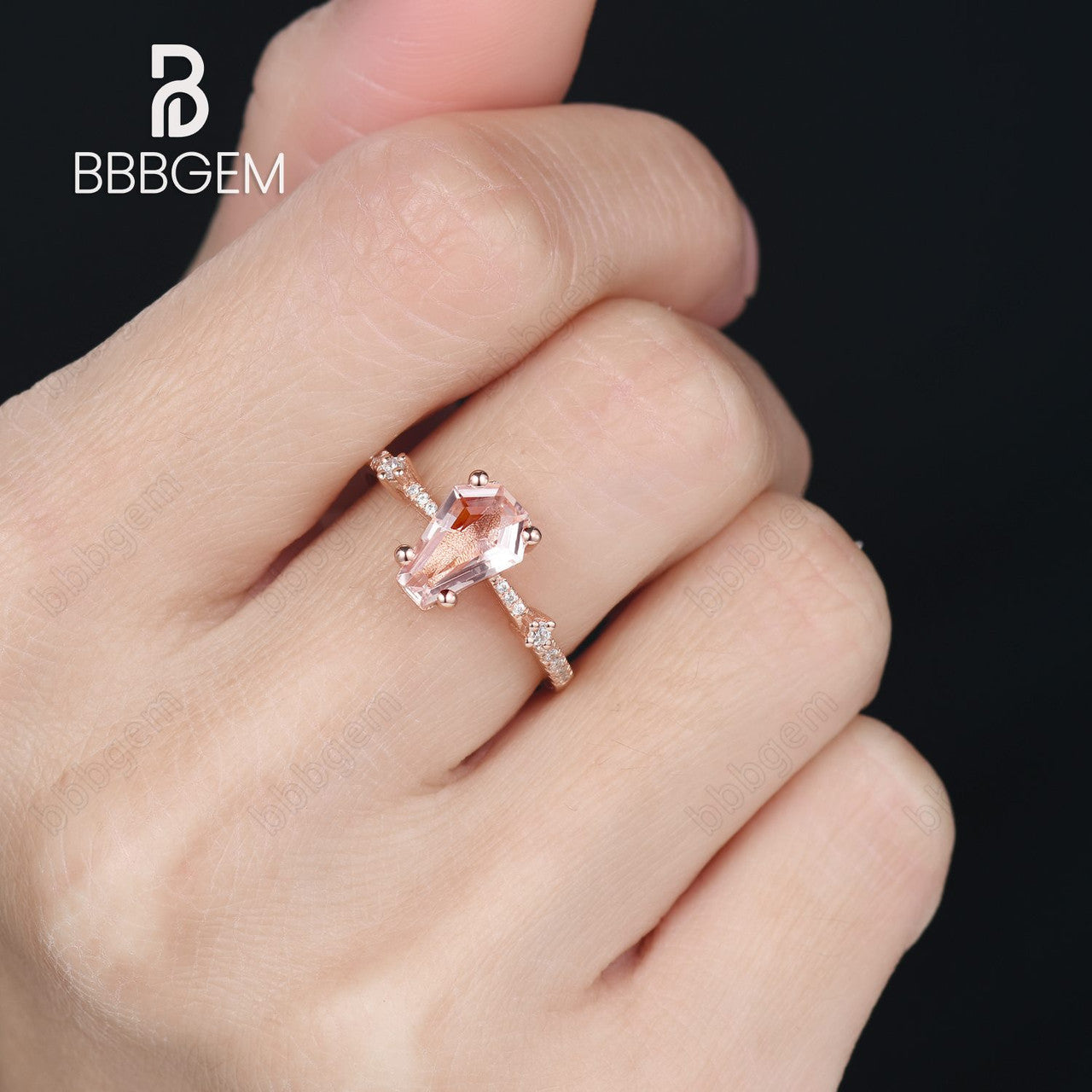 Coffin shaped Morganite engagement ring Unique Rose gold morganite ring art deco half eternity