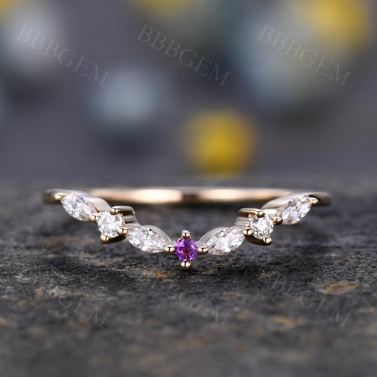 Curved Marquise Round Cut Moissanite Wedding Band Amethyst Stone Yellow Gold
