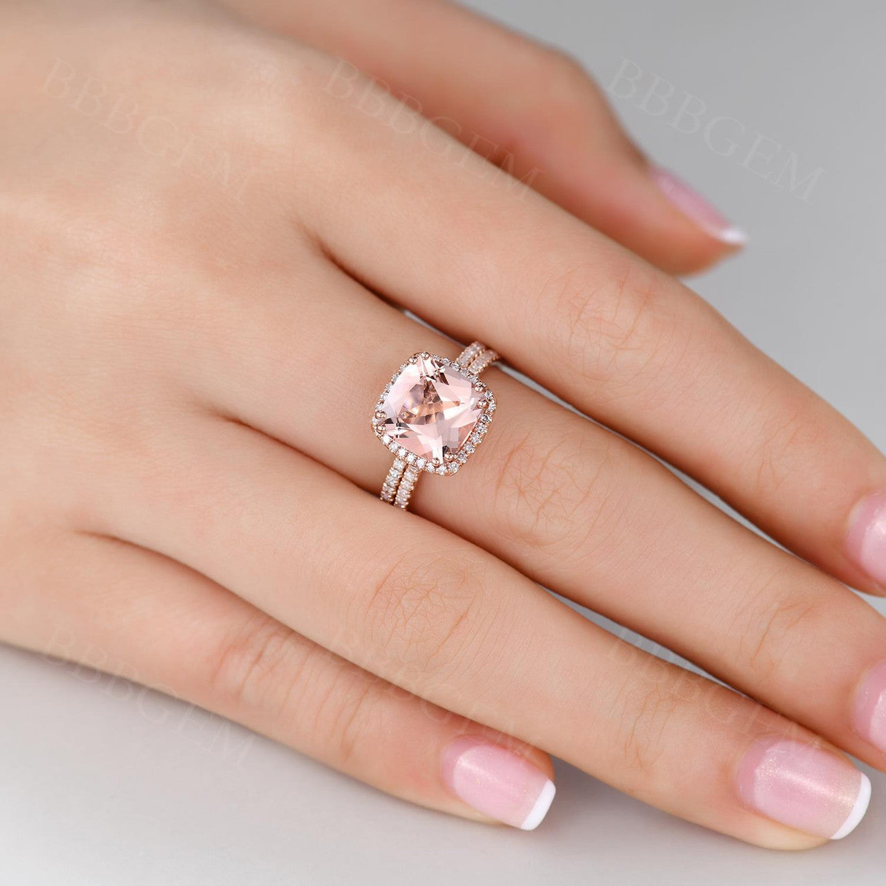 Cushion Halo Pink Morganite Ring-3 Carat Morganite Rings-BBBGEM Morganite Diamond Ring Set