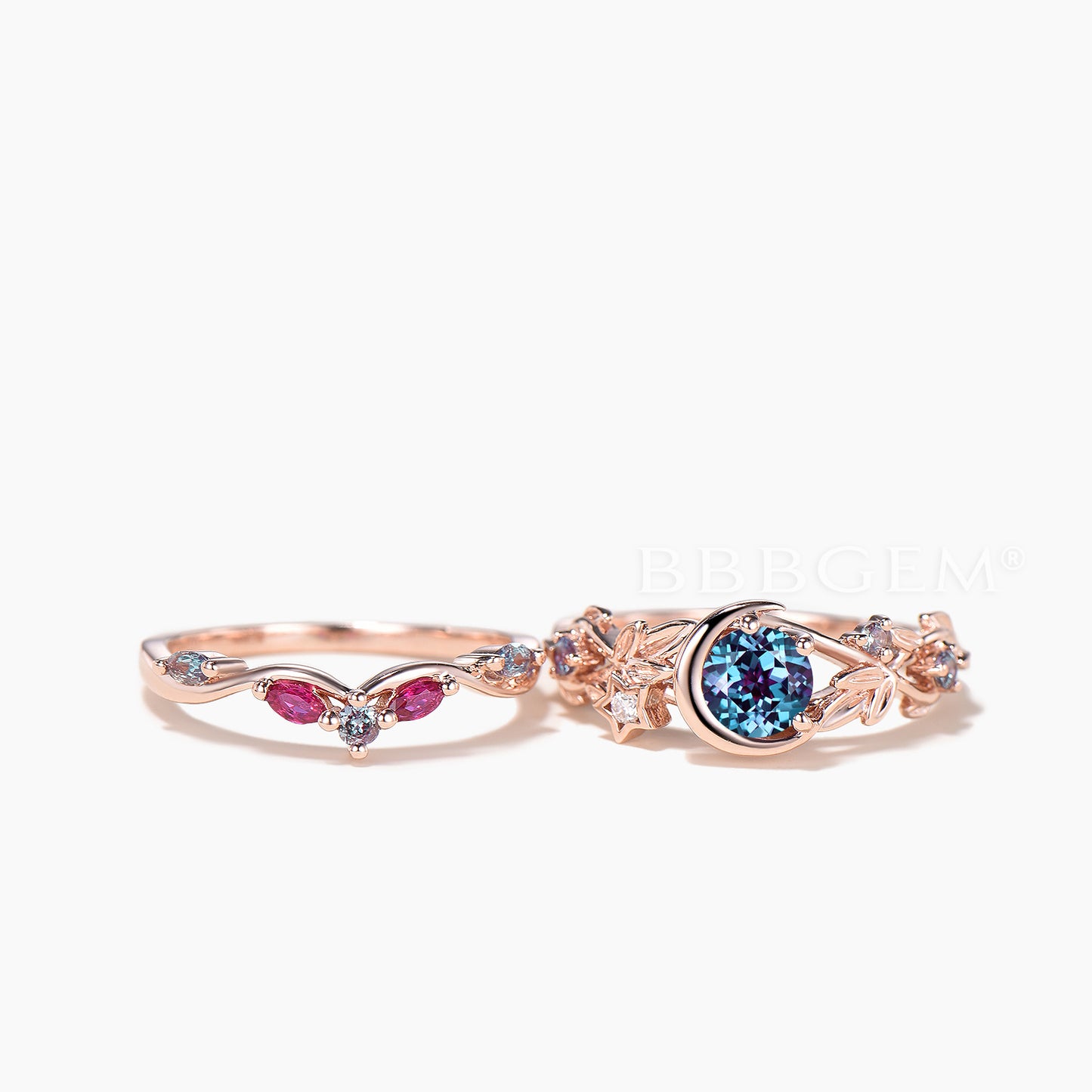 Round Cut Color-change Alexandrite Moon Twisted Ring Ruby Band Bridal Set