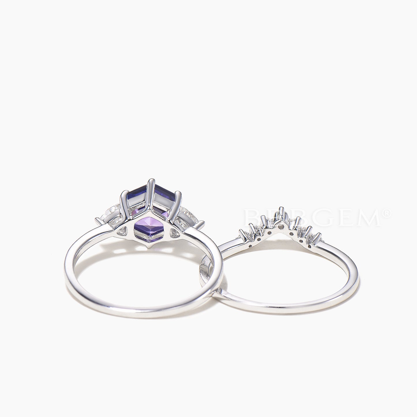 Hexagon Cut Purple Sapphire Engagement Ring Trillion Moissanite Ring Set