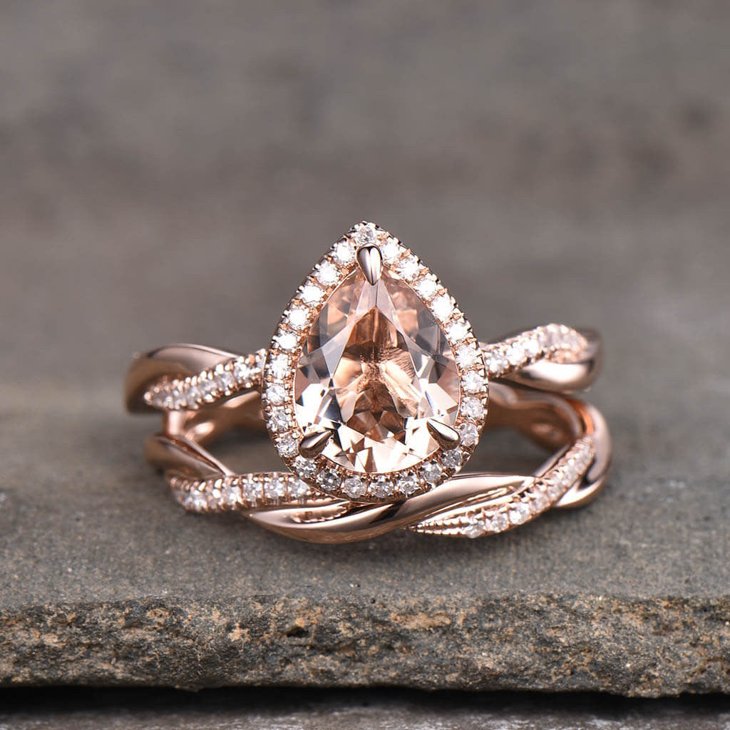 Carat Pear Pink Morganite Wedding Ring Sets Twisted Split Shank