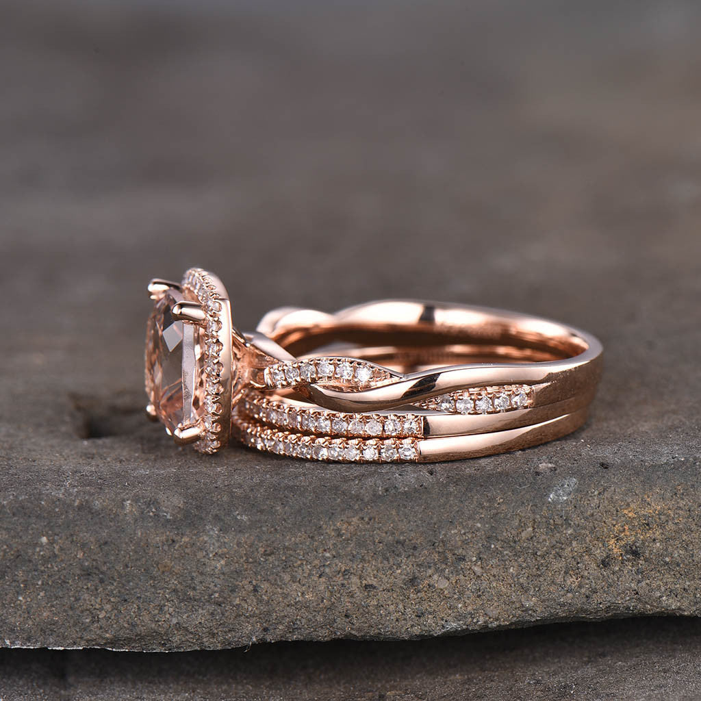 Morganite Wedding Set-BBBEGM Cushion morganite engagement ring sets
