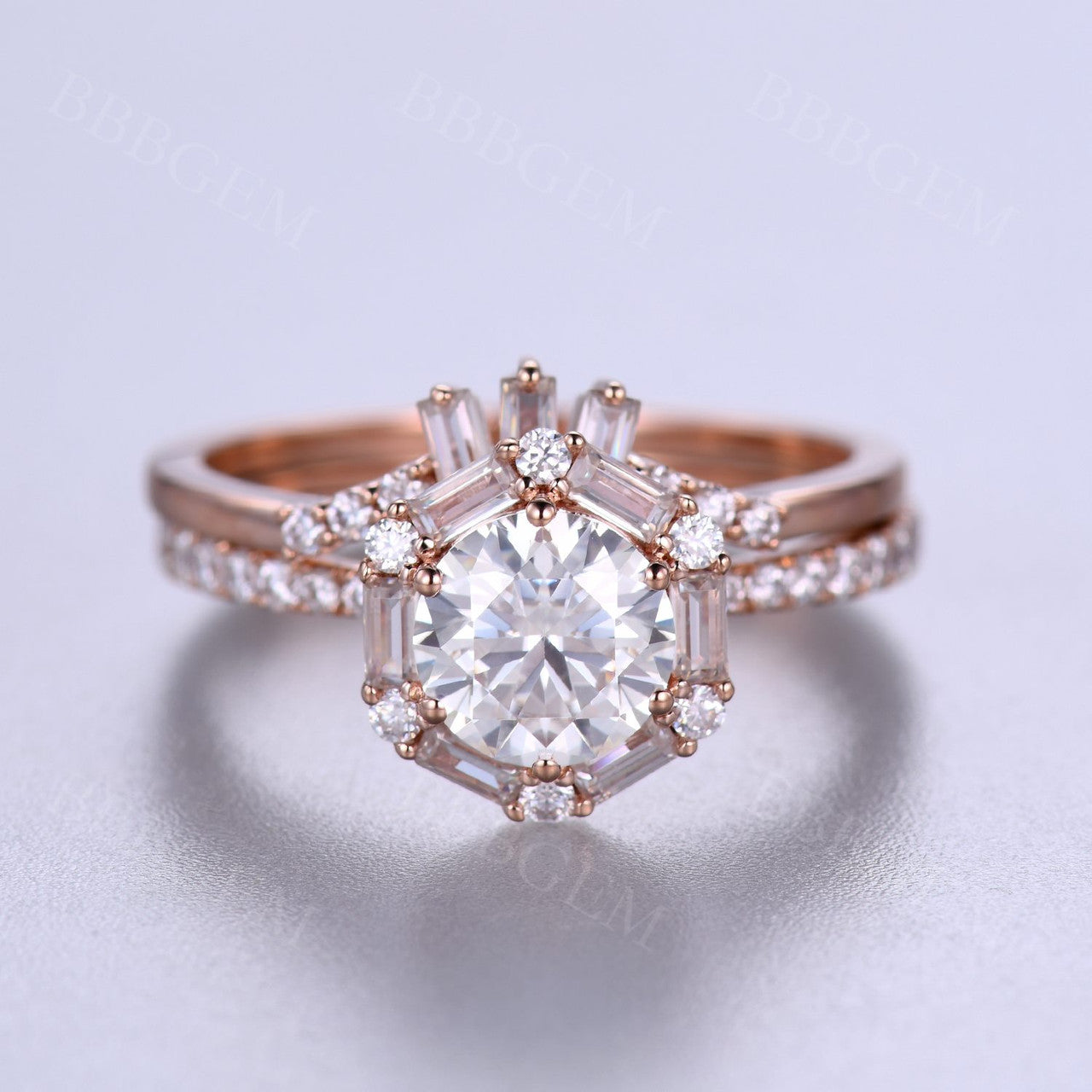 Rose Gold 7mm Round Cut Moissanite Ring Set Curved Matching Band