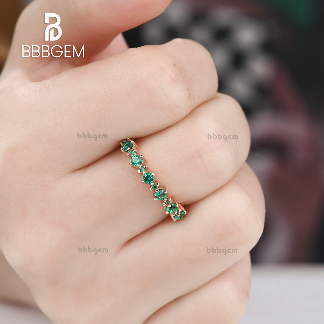 Delicate Shared-Prong Eternity Band Lab Emerald 13pcs Anniversary Band in Rose Gold