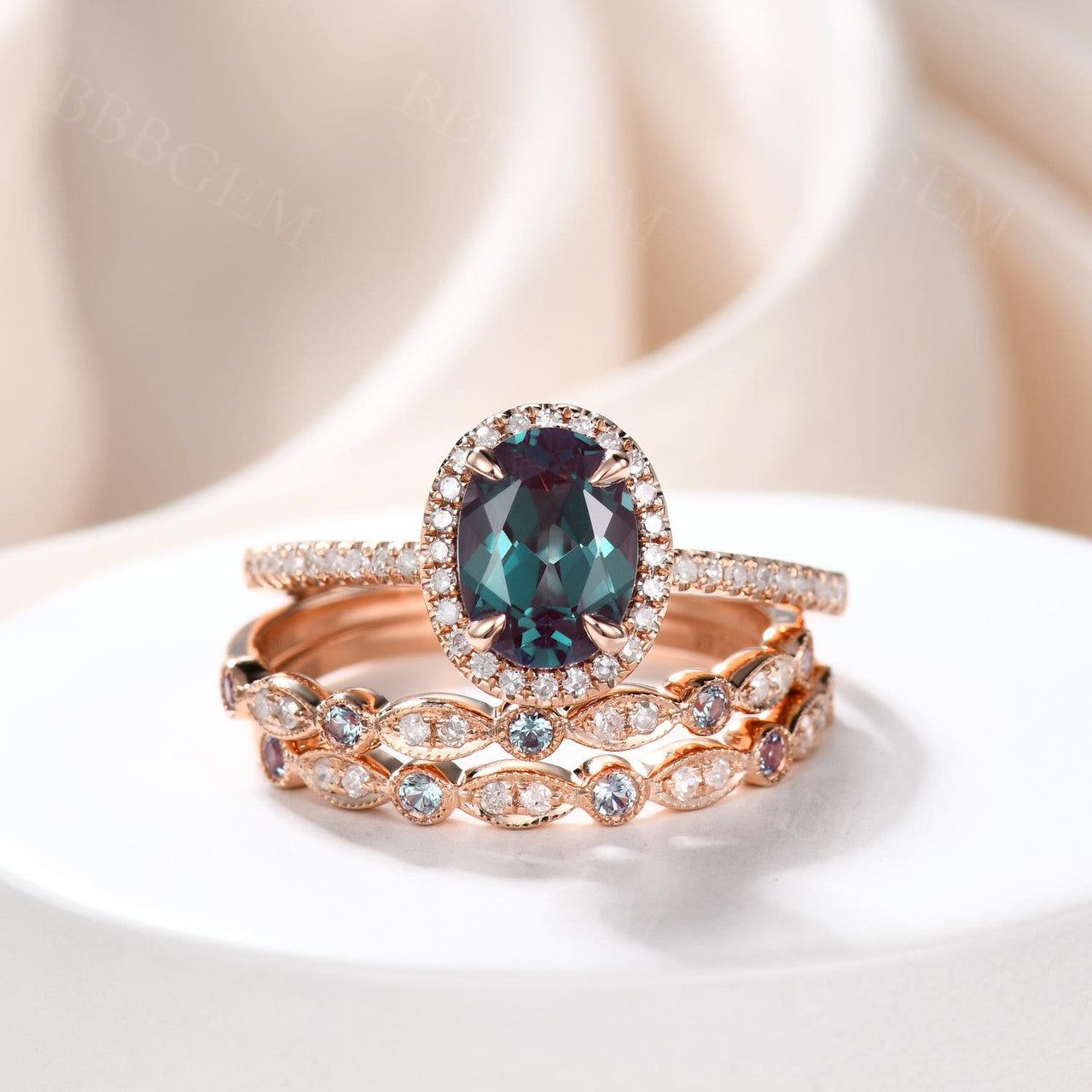 lab alexandrite engagement ring set
