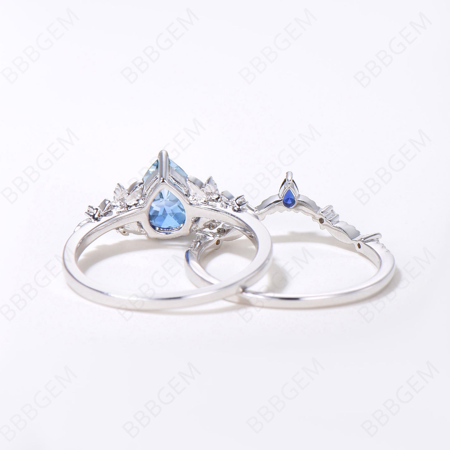 Vintage pear aquamarine engagement ring rose gold leaf flower sapphire ring women unique cluster diamond retro bridal wedding ring set gift