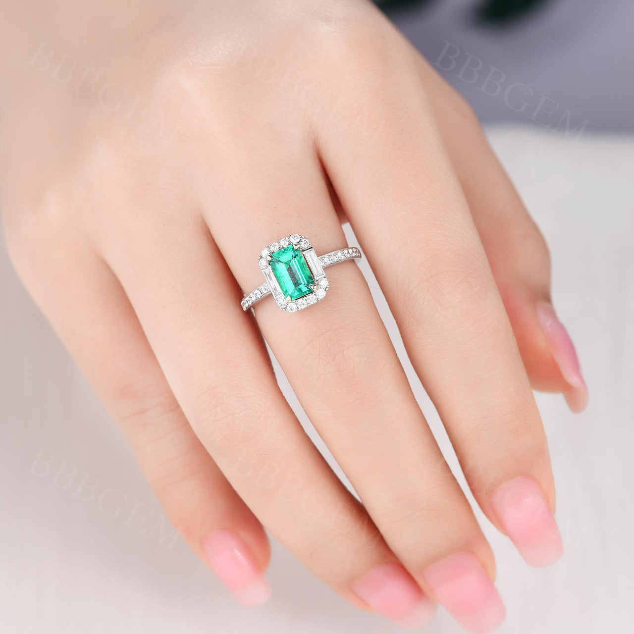 4.8x7.5mm Emerald Cut Natural Emerald Engagement Ring Diamond Halo Baguette Diamond Pave Band 18K White Gold 0.97ct