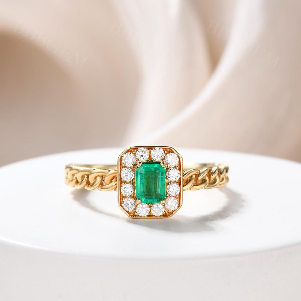 4.5X3.5mm Emerald Cut Diamond Halo Natural Emerald Engagement Ring Bezel Set Chain Band 0.35ct