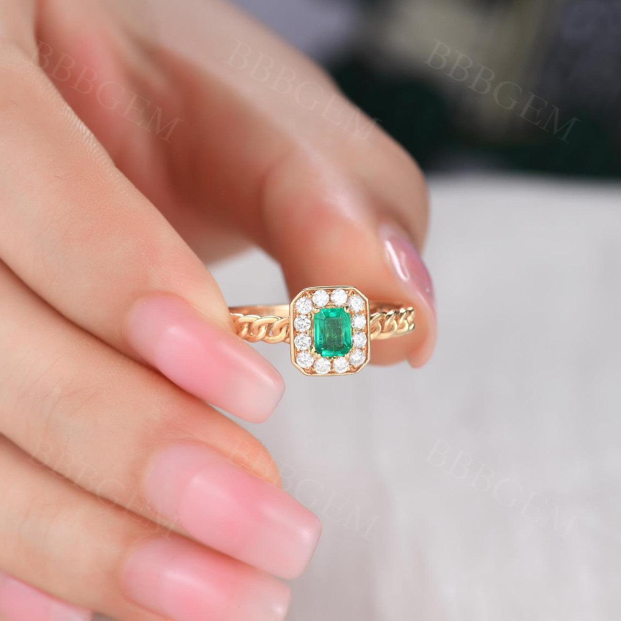 4.5X3.5mm Emerald Cut Diamond Halo Natural Emerald Engagement Ring Bezel Set Chain Band 0.35ct