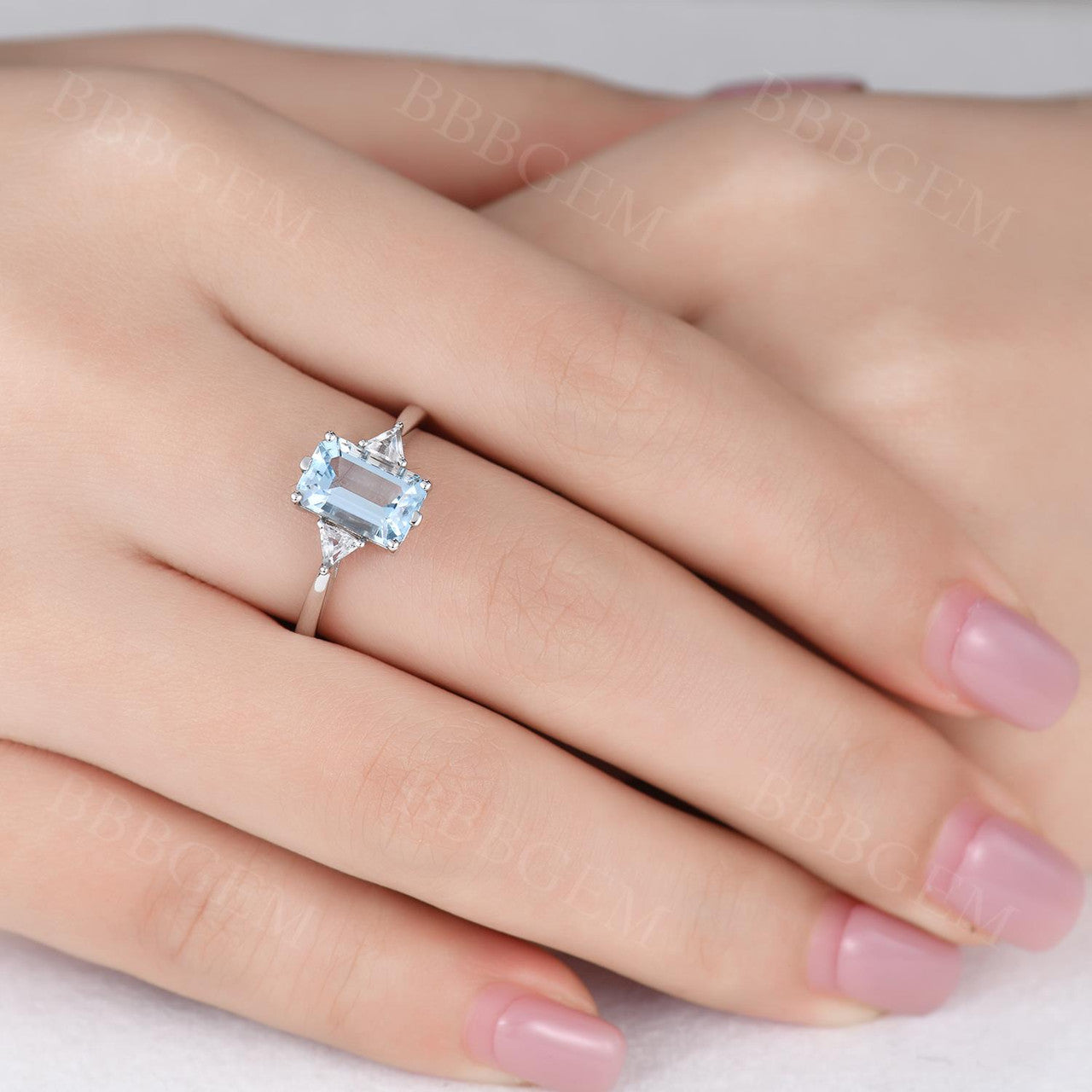 Emerald Step Cut Aquamarine Engagement Ring-Aquamarine Three Stone Wedding Rings-BBBGEM Aquamarine Jewelry