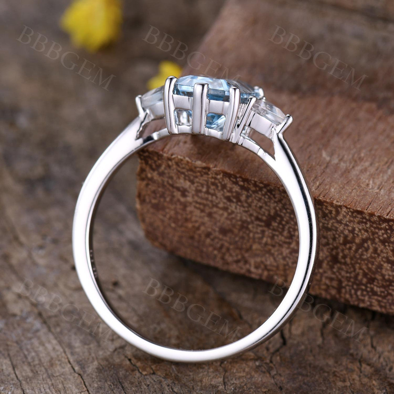 Emerald Step Cut Aquamarine Engagement Ring-Aquamarine Three Stone Wedding Rings-BBBGEM Aquamarine Jewelry