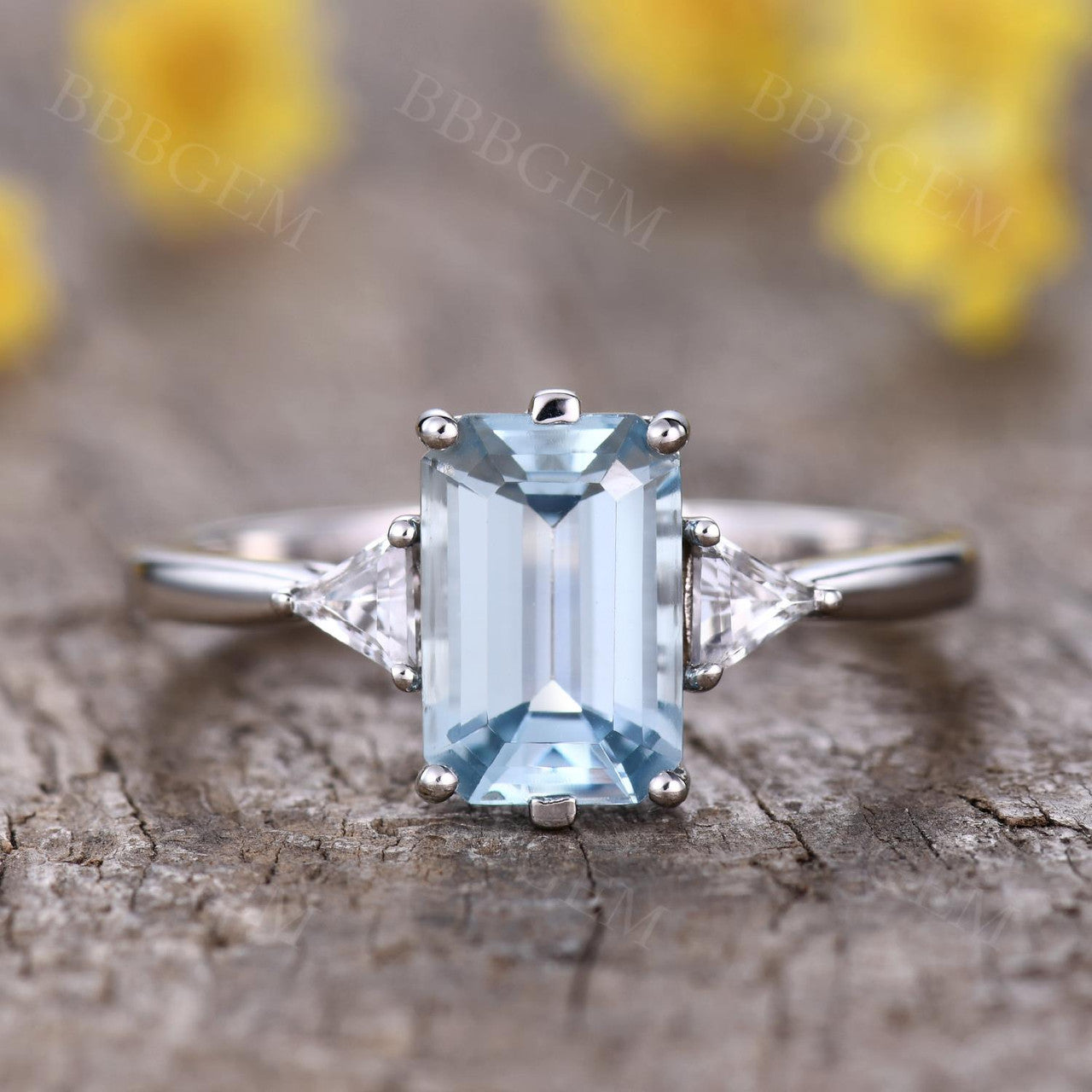 Emerald Step Cut Aquamarine Engagement Ring-Aquamarine Three Stone Wedding Rings-BBBGEM Aquamarine Jewelry