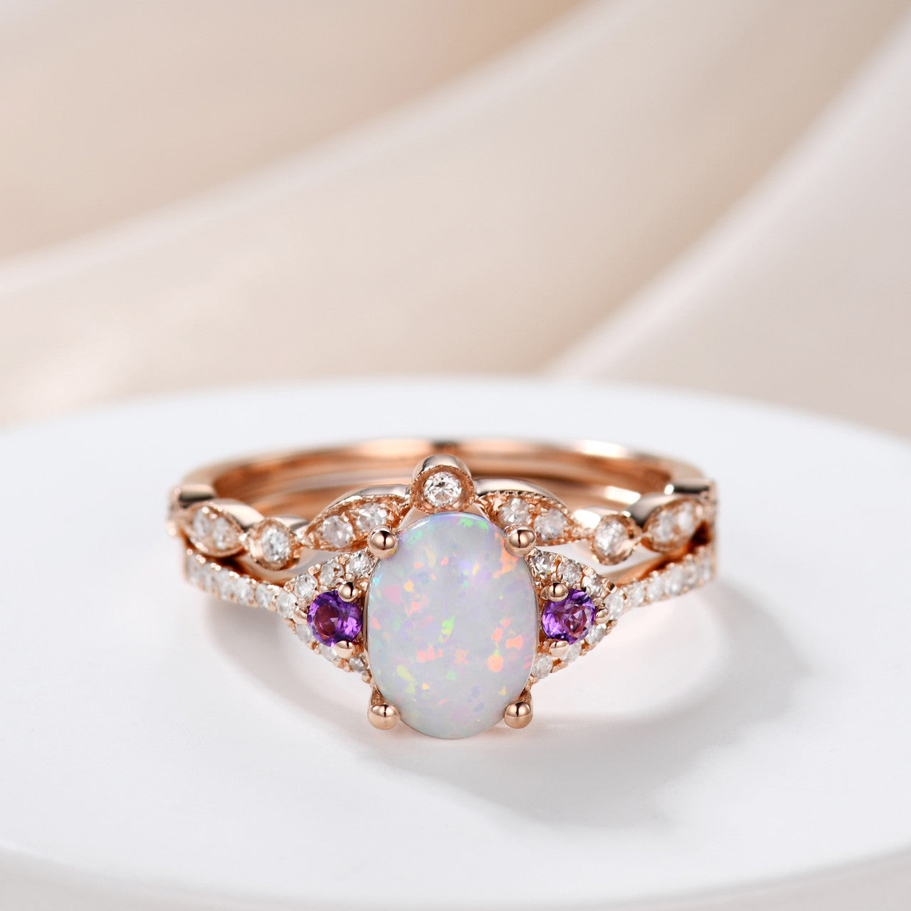 Fire Opal Wedding Ring Set-Three Stone Opal Engagement Rings-Pink Gold Opal Gold Ring Set 2 Pieces-bbbgem