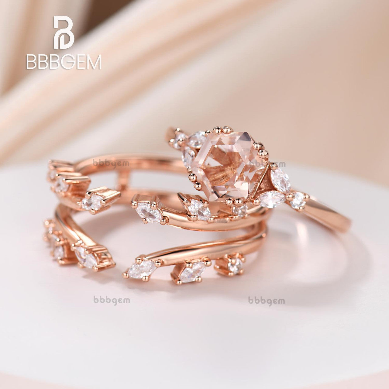 Flower Hexagon Cut Morganite Engagement Ring Set-Unique Open Wedding Band-Leaf Morganite Ring Set Rose Gold
