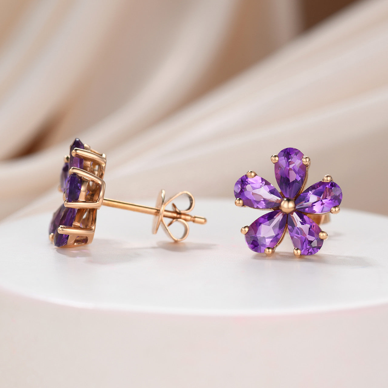 Flower Stud Earrings with Amethyst-Amethyst in Floral Style Sterling Studs with Posts-2ct. Amethyst Flower Earrings in Sterling Silver