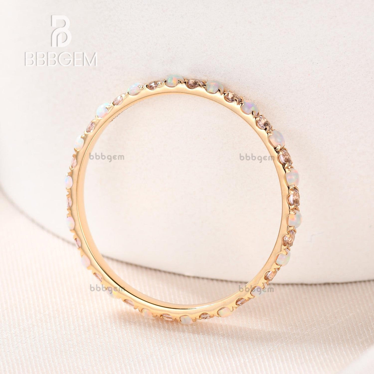 Full Eternity Opal Morganite Gemstone Band-Opal Morganite Wedding Ring Bands Yellow Gold-Lab Morganite Opal Women Bands