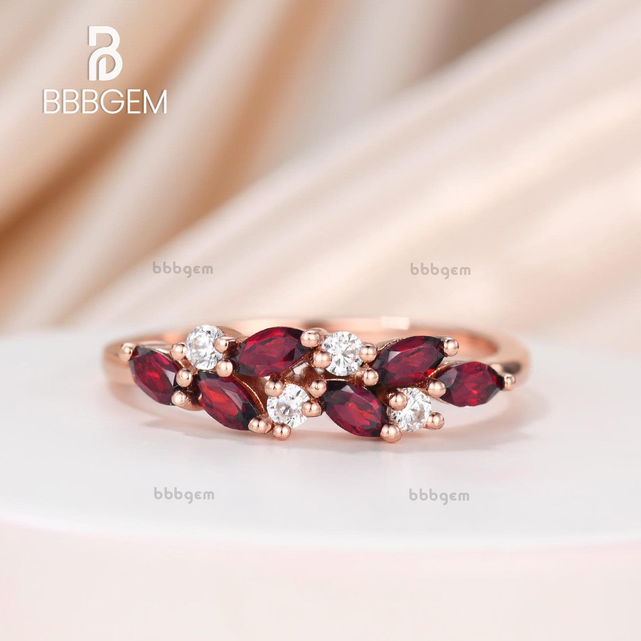 Garnet Moissanite Stacking Band-Women Gift for Her-Marquise red garnet wedding band rose gold cluster