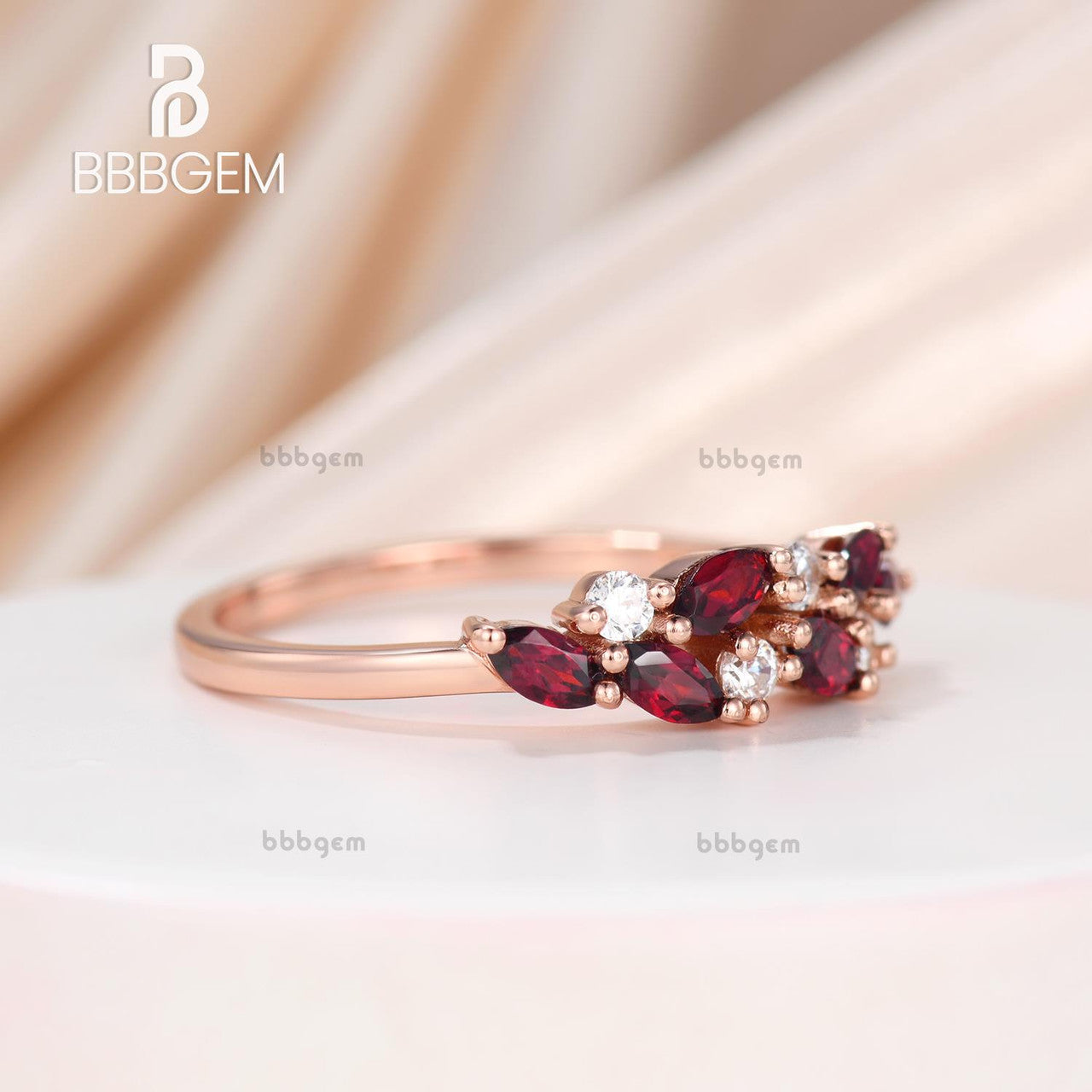 Garnet Moissanite Stacking Band-Women Gift for Her-Marquise red garnet wedding band rose gold cluster