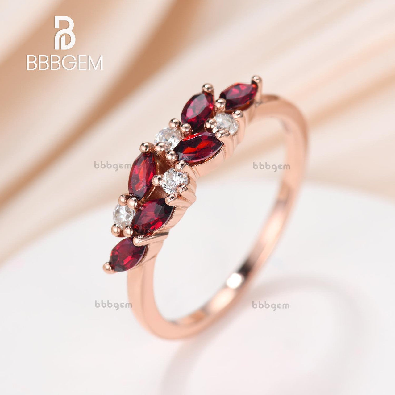 Garnet Moissanite Stacking Band-Women Gift for Her-Marquise red garnet wedding band rose gold cluster