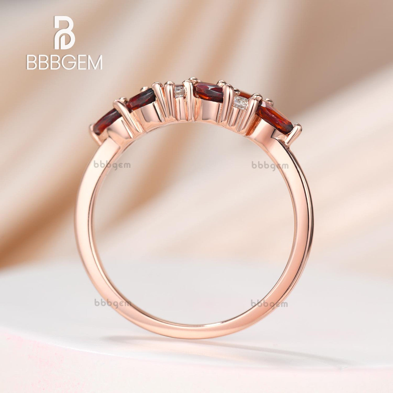 Garnet Moissanite Stacking Band-Women Gift for Her-Marquise red garnet wedding band rose gold cluster