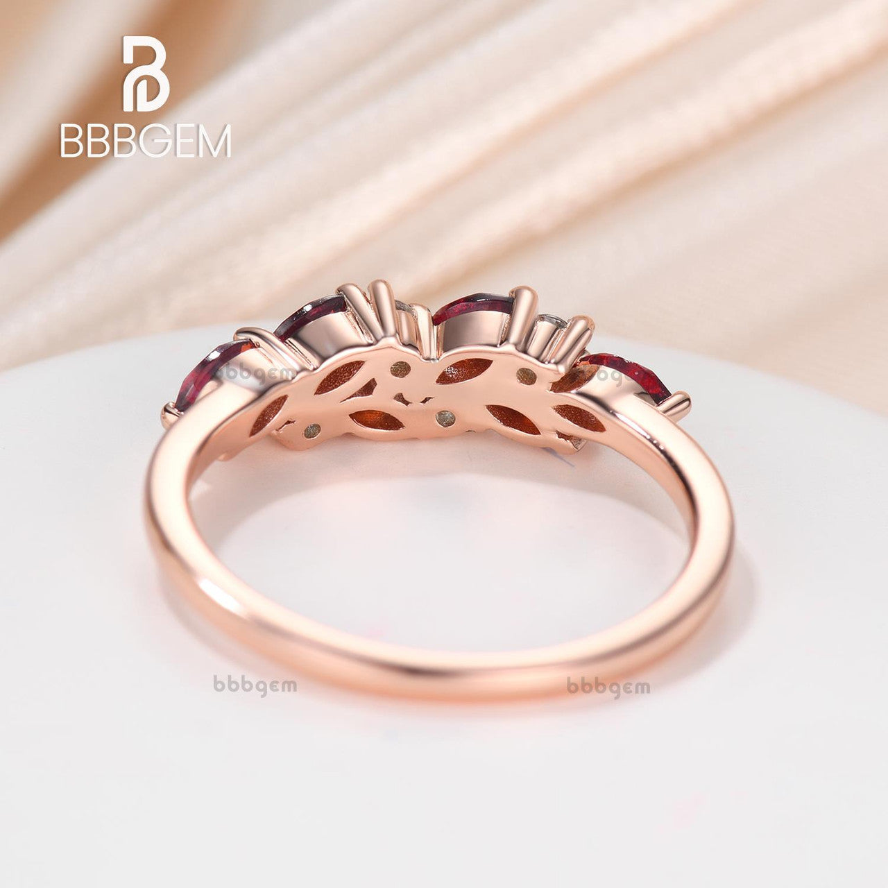 Garnet Moissanite Stacking Band-Women Gift for Her-Marquise red garnet wedding band rose gold cluster