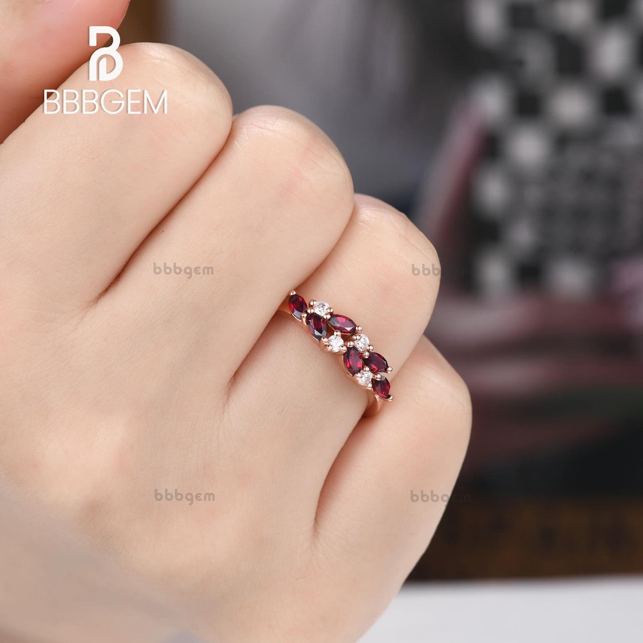 Garnet Moissanite Stacking Band-Women Gift for Her-Marquise red garnet wedding band rose gold cluster
