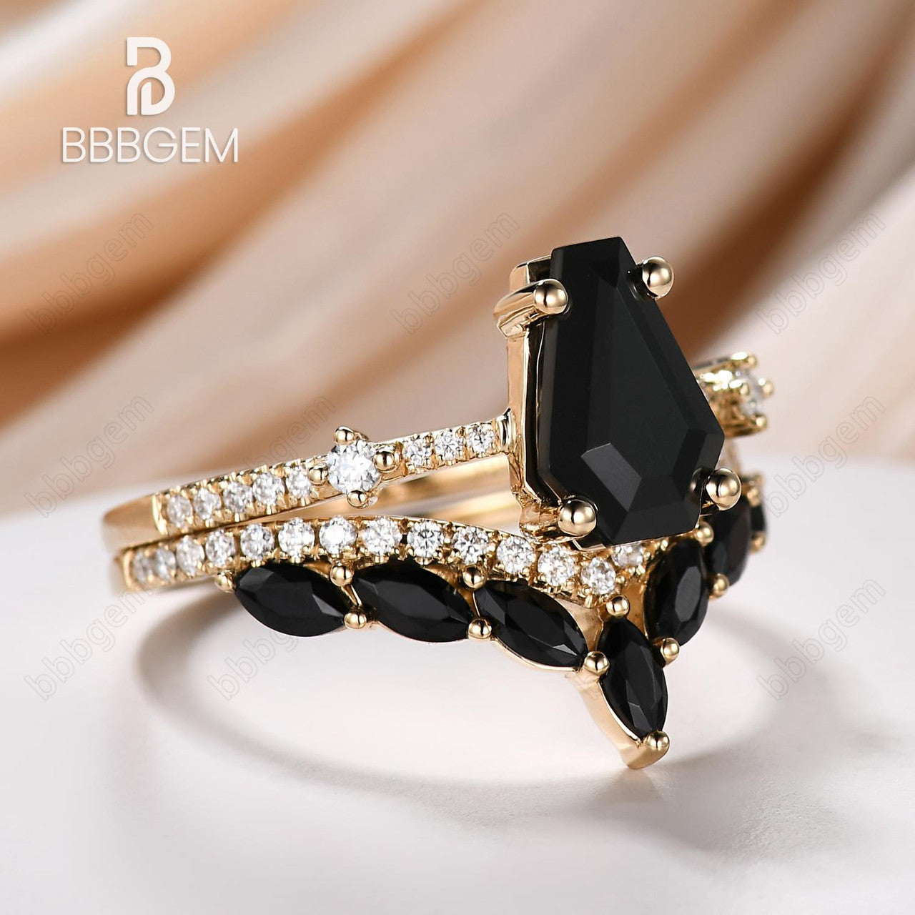 Gothic Coffin Shaped Wedding Set Black Onyx 14k Yellow Gold Ring & Marquise Cut Black Spinel Band