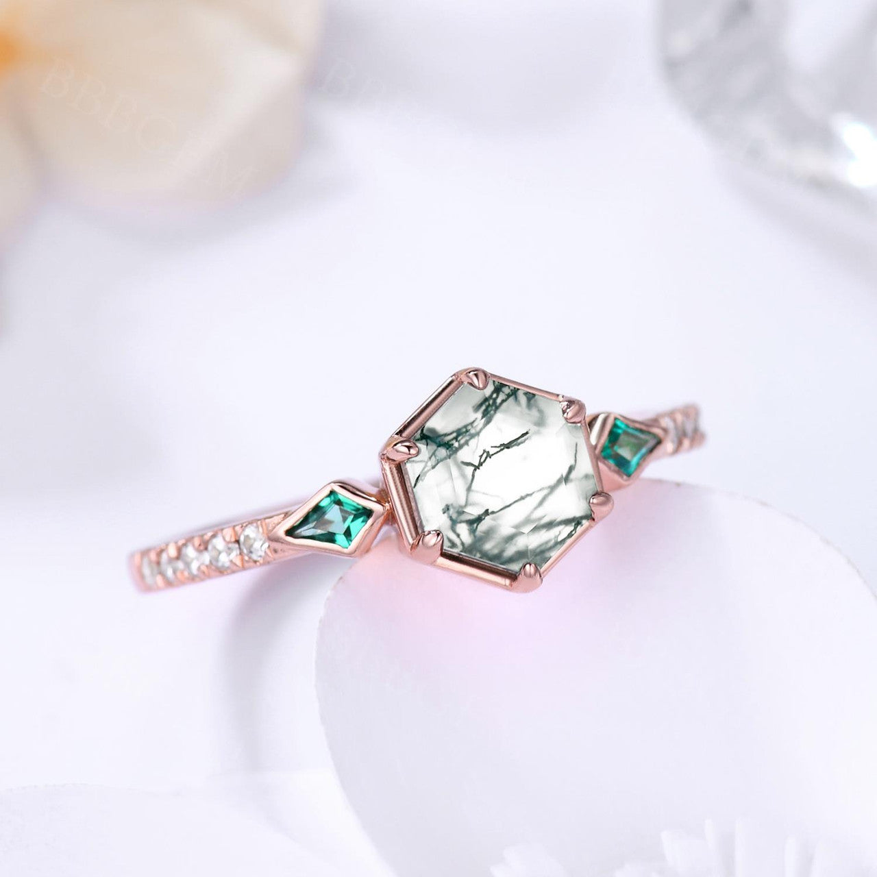 HEXAGON MOSS AGATE RING Three Stones-ORGANIC GEMSTONE RING, UNIQUE HEXAGON Gree Moss Agate and Emerald ENGAGEMENT Ring