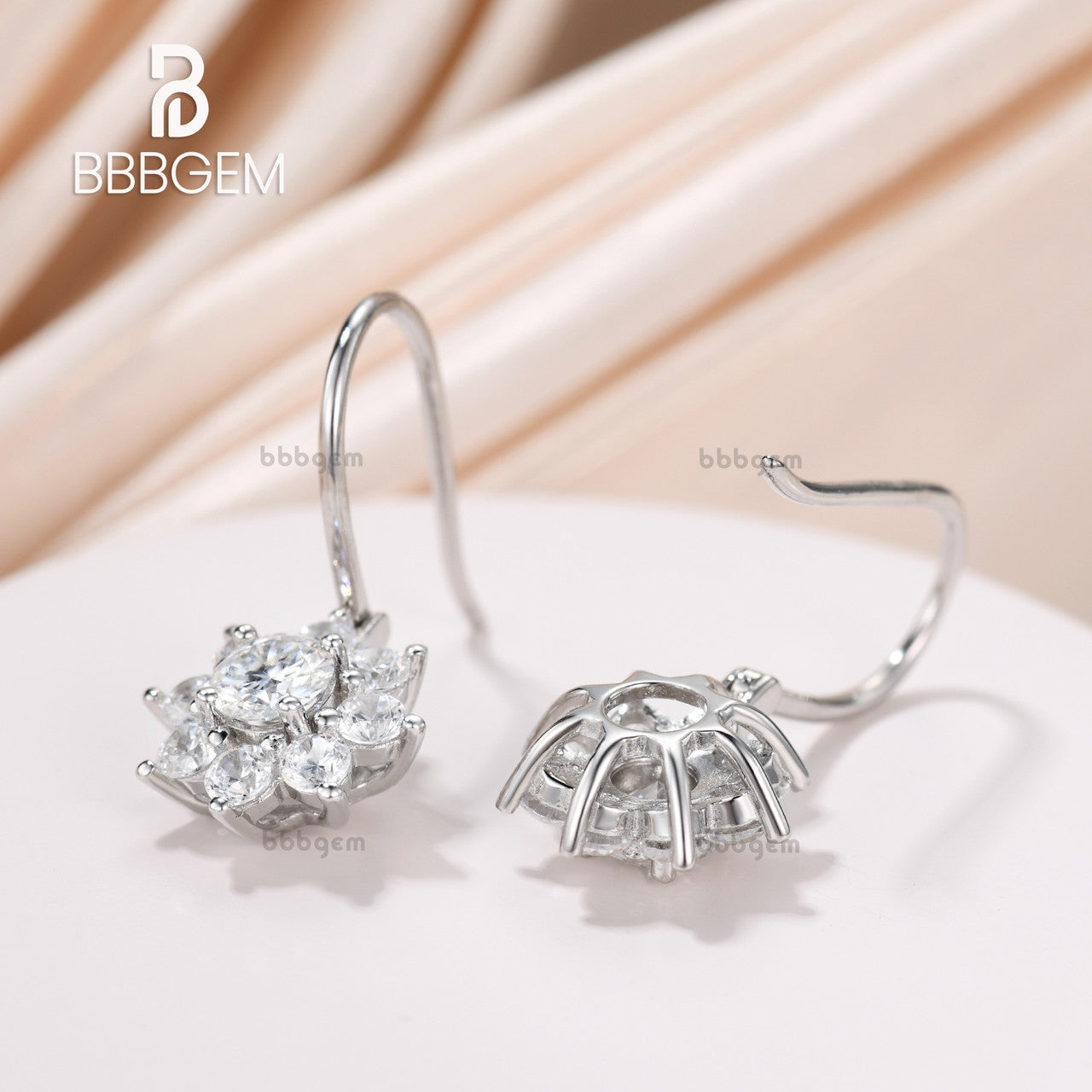 Halo Moissanite Flower Stud Earrings For Women, Vintage Inspired Moissanite Cluster Sunflower Earrings-Hook dangle moissanite earrings