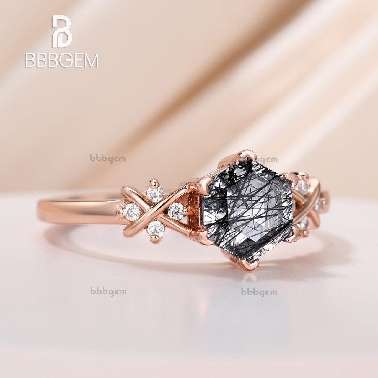 Hexagon-Cut Black Rutilated Quartz Diamond Crisscover Solitaire Ring Sterling Silver