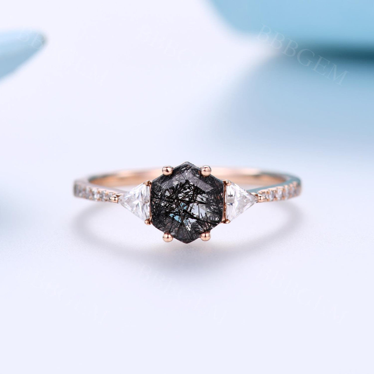 Hexagon Black Rutilated Quartz Engagement Ring-BBBGEM black rutilated quartz ring gold
