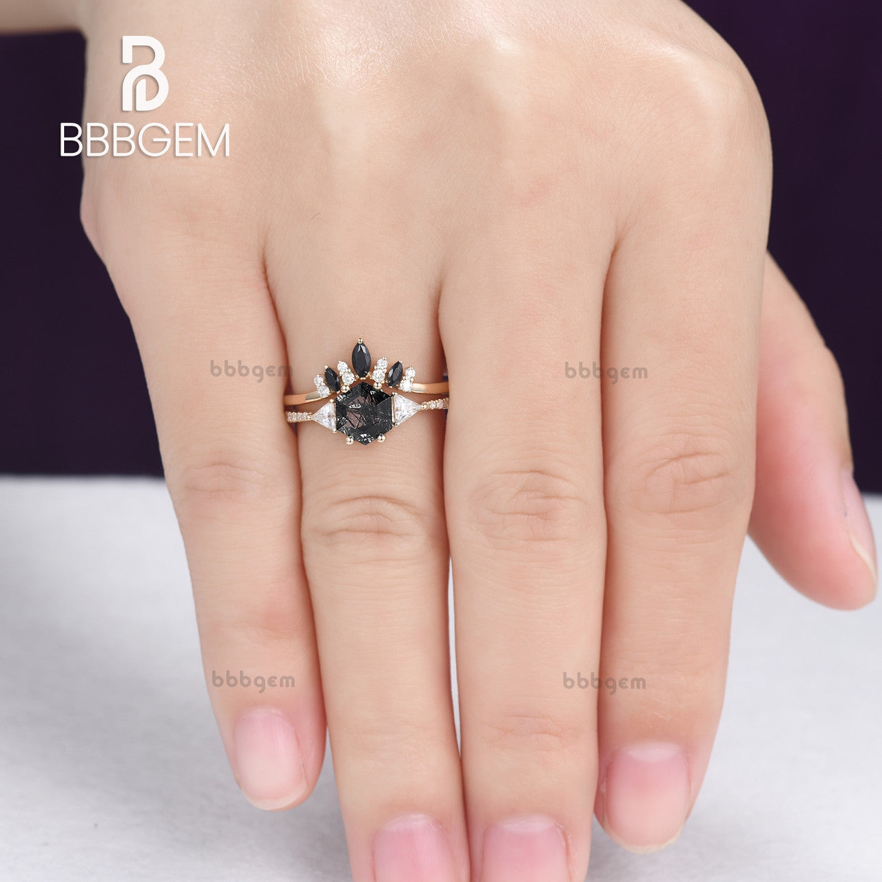 Hexagon Black Rutilated Quartz With Triangle Moissanite Side Stone Ring Set-Yellow Gold Black Rutilated Quartz Ring Set Black Spinel band