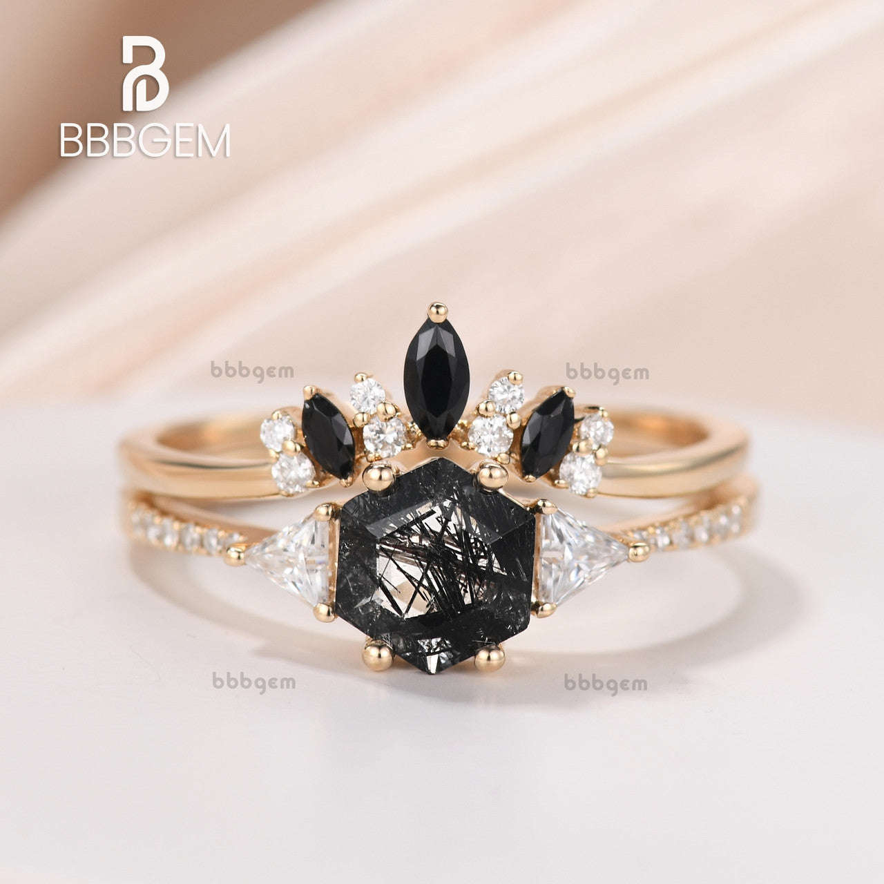 Hexagon Black Rutilated Quartz With Triangle Moissanite Side Stone Ring Set-Yellow Gold Black Rutilated Quartz Ring Set Black Spinel band