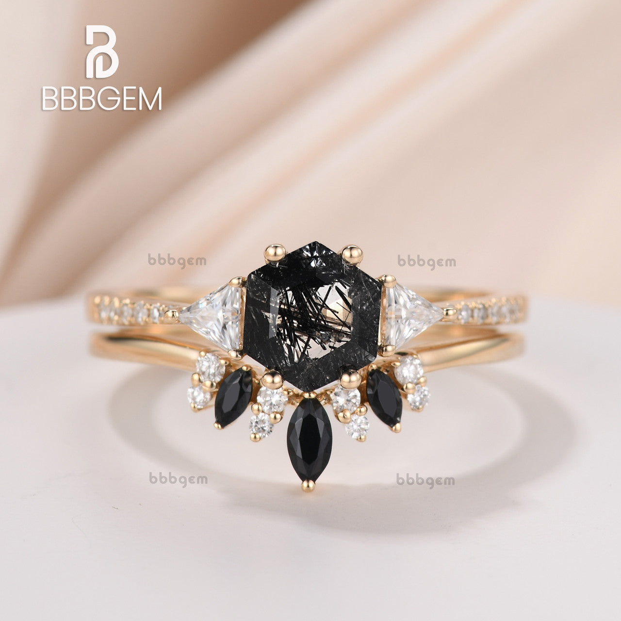Hexagon Black Rutilated Quartz With Triangle Moissanite Side Stone Ring Set-Yellow Gold Black Rutilated Quartz Ring Set Black Spinel band