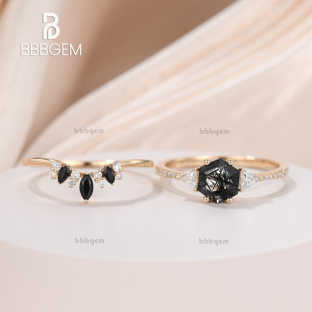 Hexagon Black Rutilated Quartz With Triangle Moissanite Side Stone Ring Set-Yellow Gold Black Rutilated Quartz Ring Set Black Spinel band