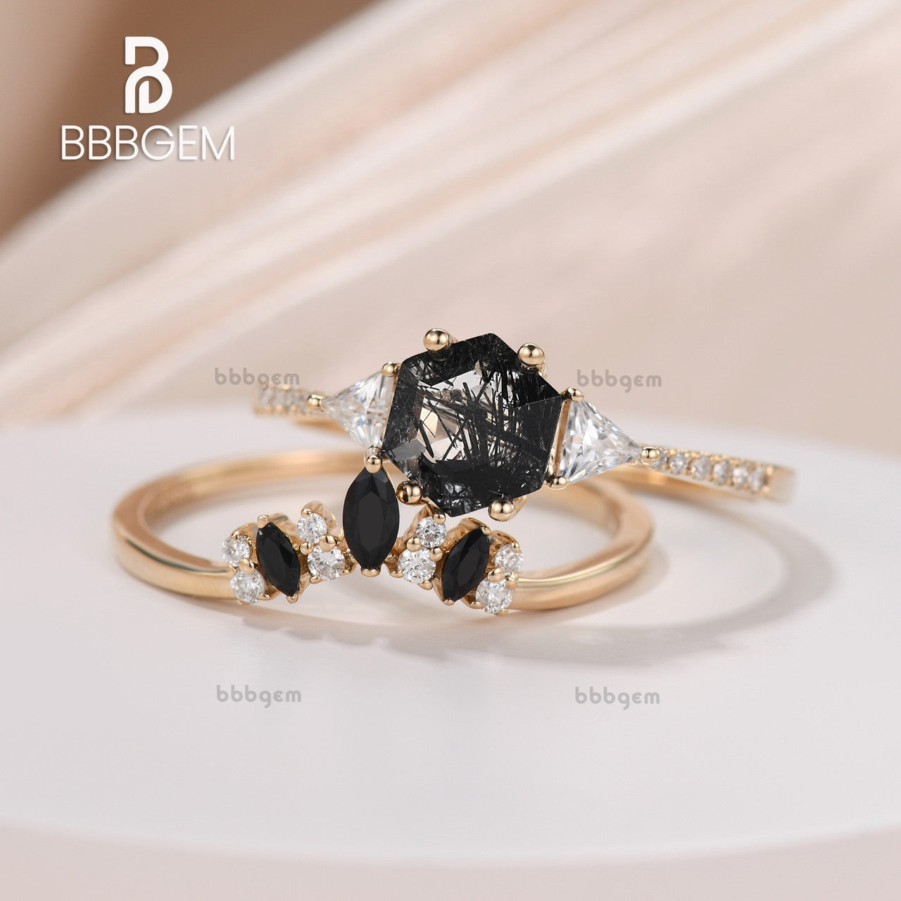 Hexagon Black Rutilated Quartz With Triangle Moissanite Side Stone Ring Set-Yellow Gold Black Rutilated Quartz Ring Set Black Spinel band