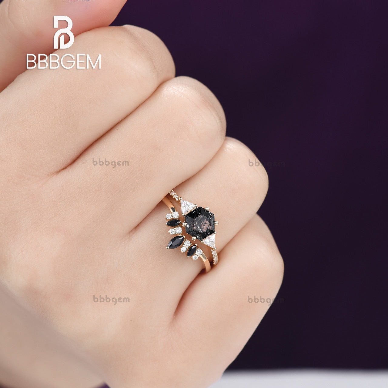 Hexagon Black Rutilated Quartz With Triangle Moissanite Side Stone Ring Set-Yellow Gold Black Rutilated Quartz Ring Set Black Spinel band