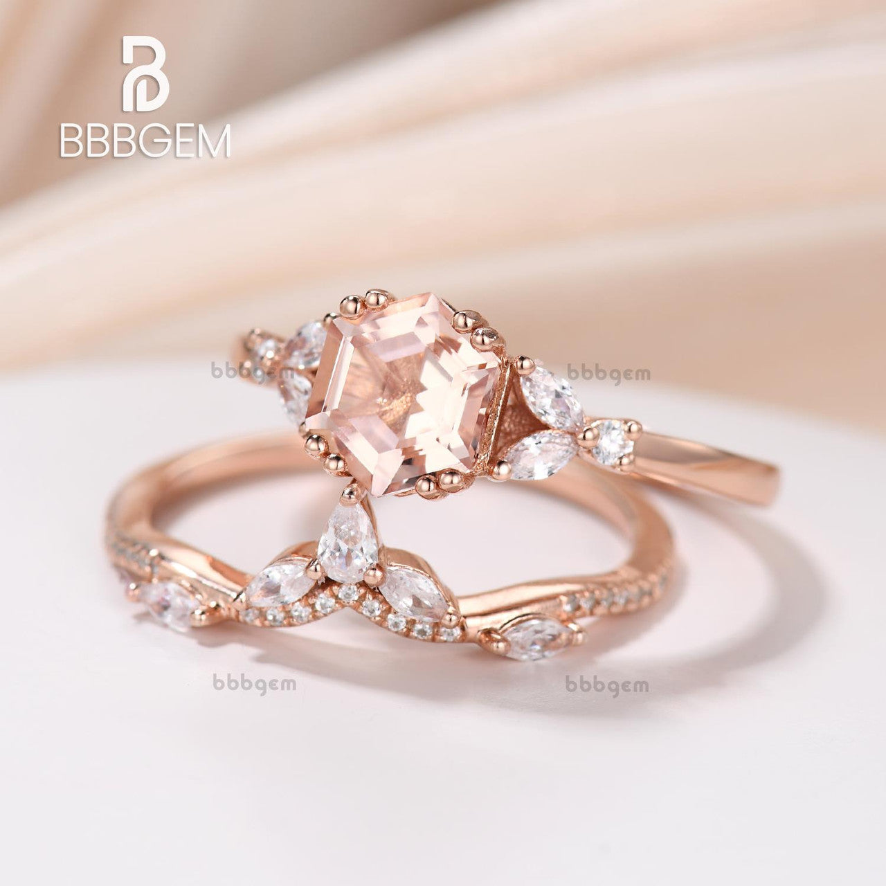 Hexagon Cut Peach Morganite Engagement Ring Rose Gold Bridal Anniversary Ring Set